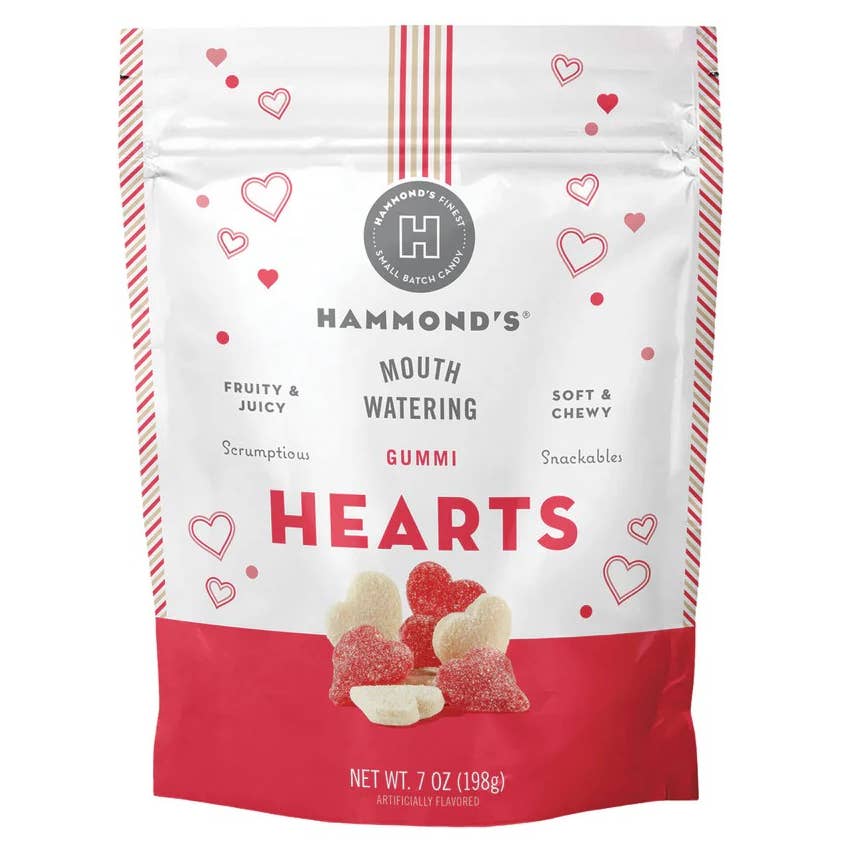 Celebrate love in every bite with Hammond’s Gummi Hearts—sweet, chewy gummies in charming red and white heart shapes. Featuring Strawberry-Banana and Wild Cherry flavors, these festive treats are perfect for V-Day, Mother’s Day, weddings, and more!. Packaged in resealable 7oz stand-up bags, they offer freshness, convenience, and sweetness to anyone who reaches for this treat!

Details:

Shelf life: 6–12 months
Shelf stable
Crafted in the USA with locally sourced ingredients