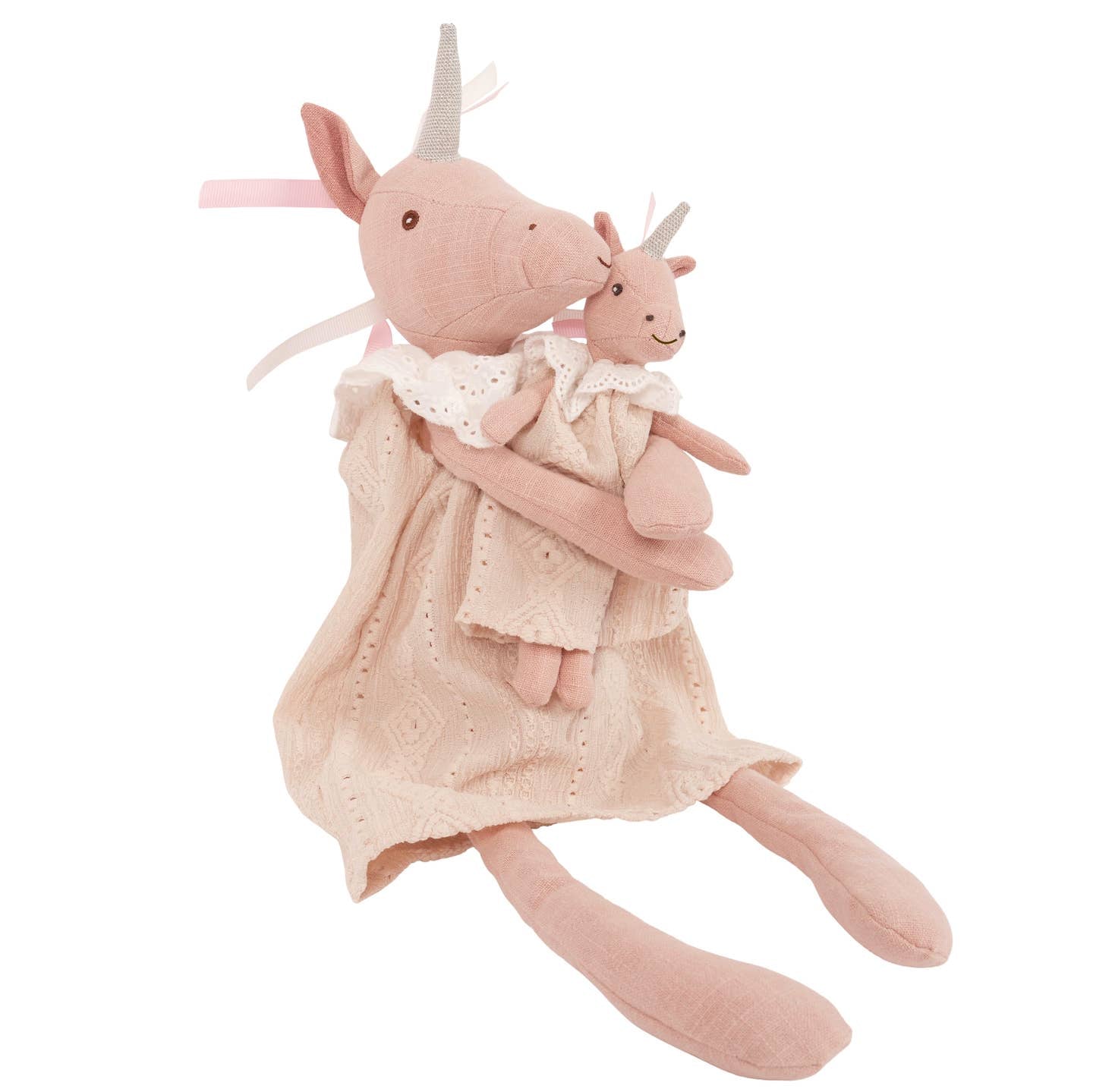 This magical unicorn duo is handmade from soft linen, featuring a graceful mom unicorn with a shimmering horn and flowing pastel dress, gently cuddling her baby unicorn in a matching outfit. With embroidered details, delicate bows, and a dreamy color palette, they’re perfect for imaginative play, nursery décor, or a truly enchanting gift.