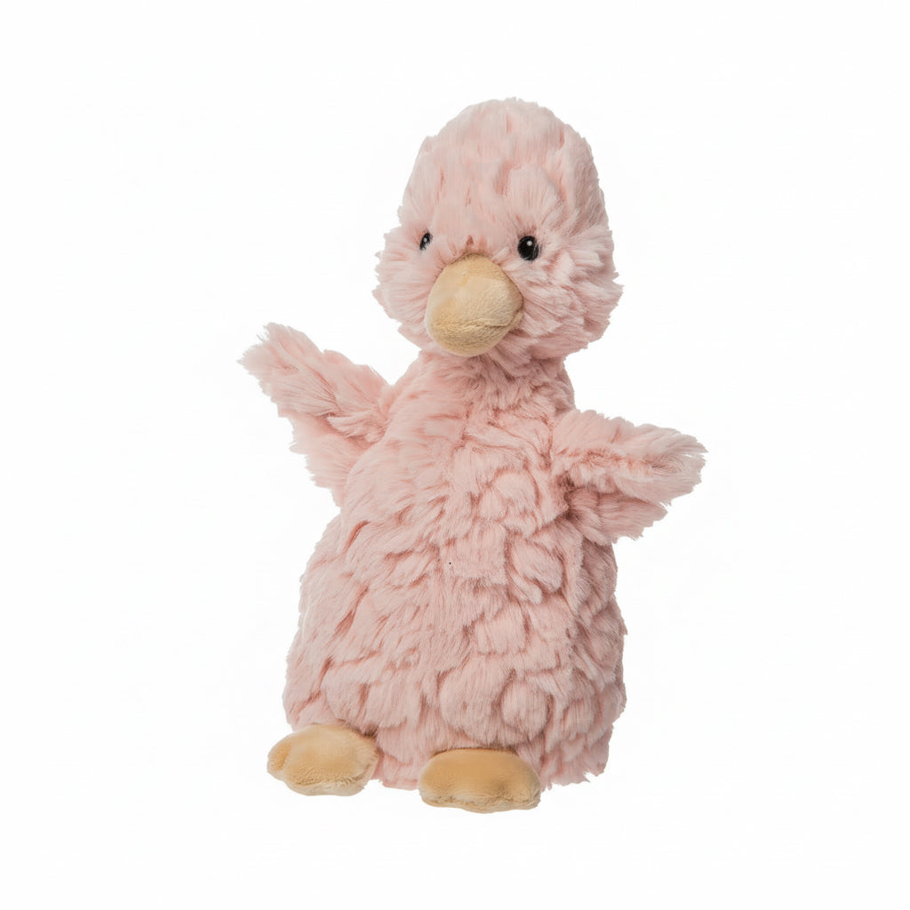 Putty Duckling features super soft etched fabric, and measures 7-inches. With lovely, warm colors and the sweetest smiles, Putty toys make oh -so -soft companions. A dab of Putty is enough to brighten every day. Kids love the softness and the elegant, classic designs have staying power. Weighted bums and feet add to floppiness.

Care for by washing in cold water on gentle cycle, air dry; soft toy made to strict quality standards to meet or exceed US Safety requirements.