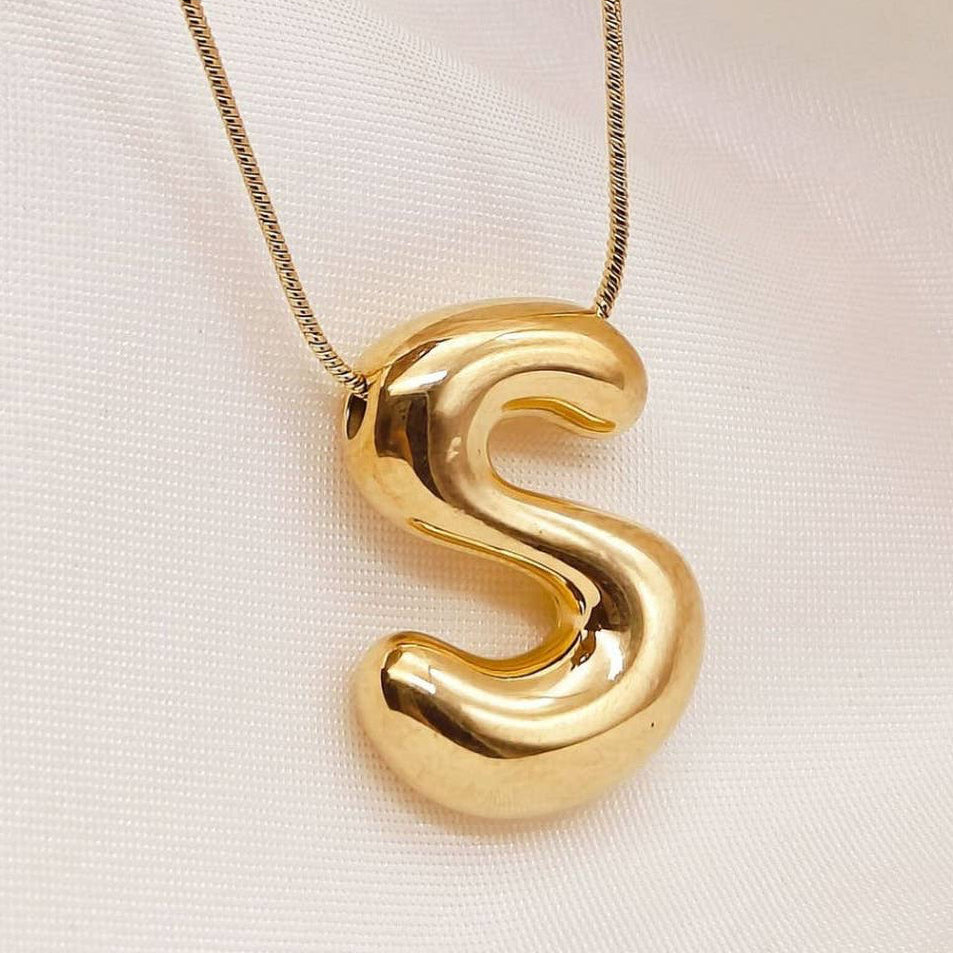 Gold Bubble Letter Initial Necklace - A Through Z