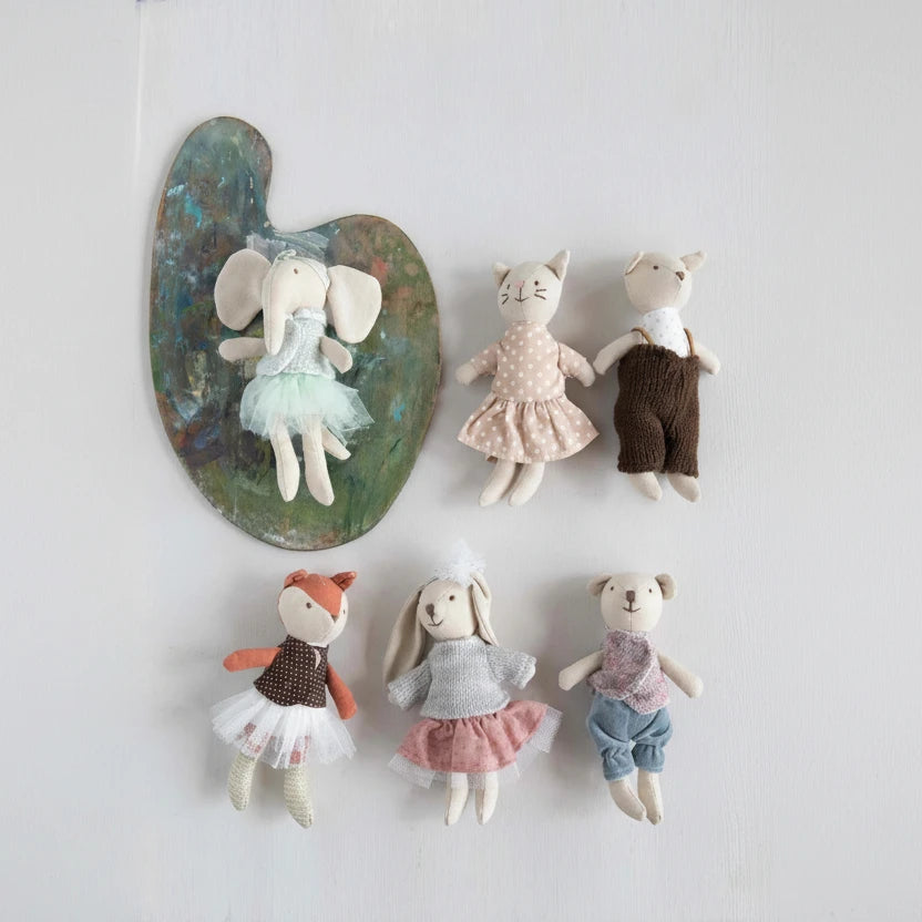 Set of small stuffed animals including an elephant, cat, mouse, fox, rabbit, and bear on a white background.