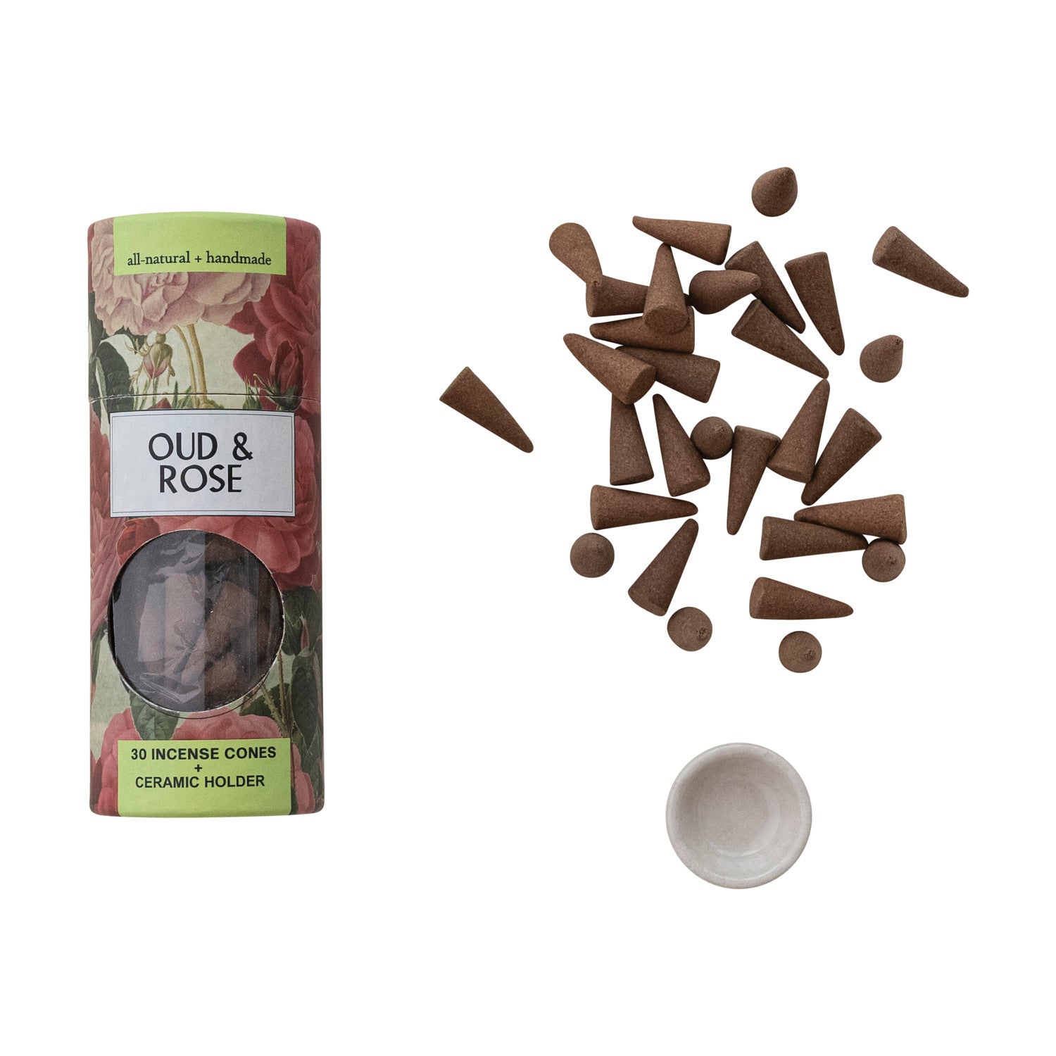 Oud & Rose incense cones packaging with loose cones and a ceramic holder on a white background