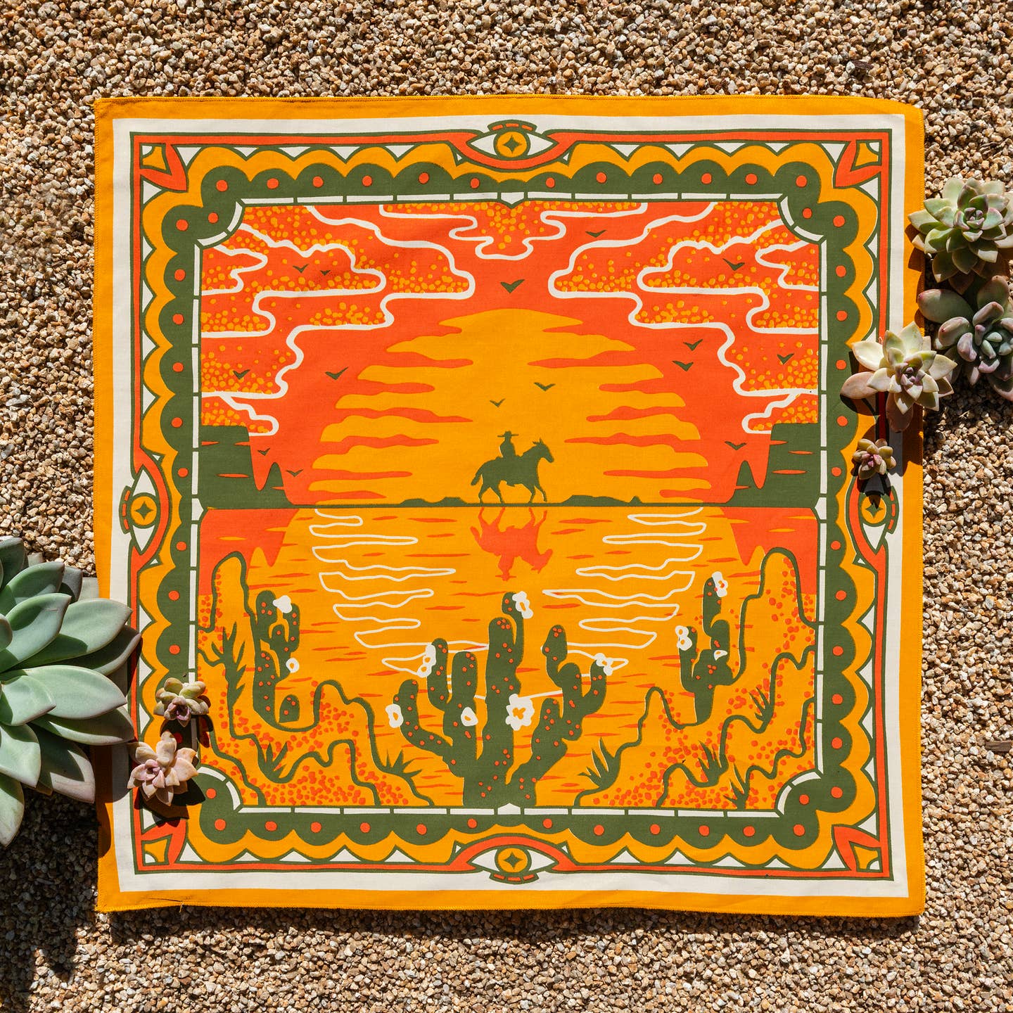 Unleash your love for the natural world with "Sunset", the organic cotton bandana that's good for both you and the environment. Made with 100% certified organic cotton, this versatile bandana is perfect for accessorizing while reducing your carbon footprint. Embrace this colorful take on the Wild West with “Sunset”

Artist: Studio MUTI (Cape Town, South Africa)

10% Goes To: Cape Leopard Trust (Cape Town, South Africa)