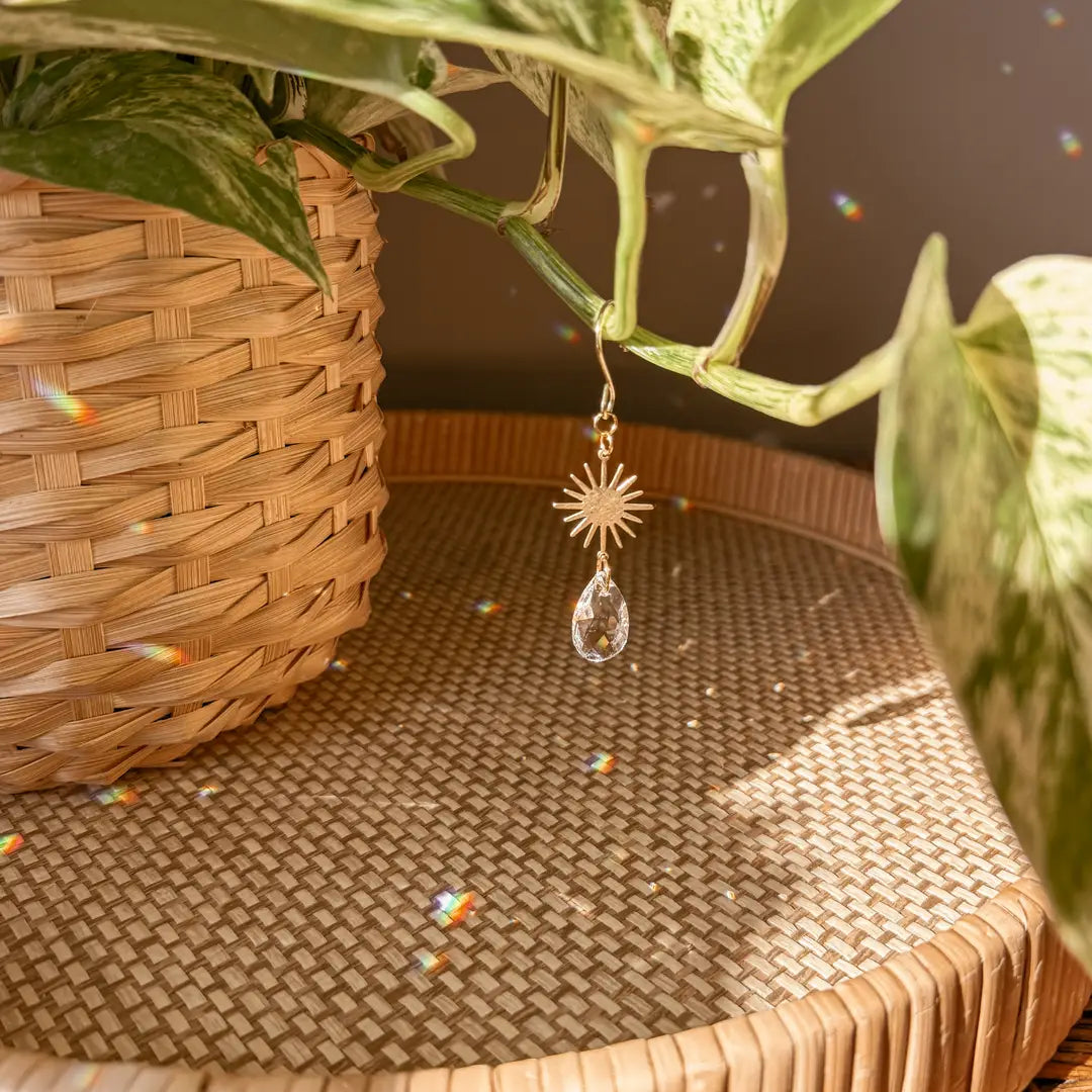 These delicate plant charms hang gracefully from vines, featuring a brass sun charm and suncatcher crystal. As direct sunlight hits the crystals, sparkles dance around to create a dreamy, light-filled atmosphere. Perfect for hanging on vines or trailing plants! Coordinates beautifully with natural, bohemian, minimal, hippie, retro,  whimsical decor styles.