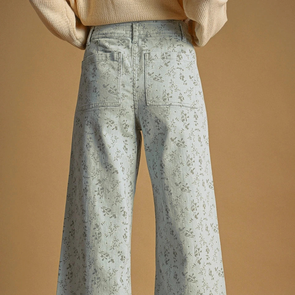 Floral Print Stretched Pants - Blue Haze