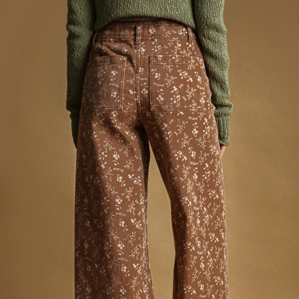 Floral Print Stretched Pants - Earthy Rust