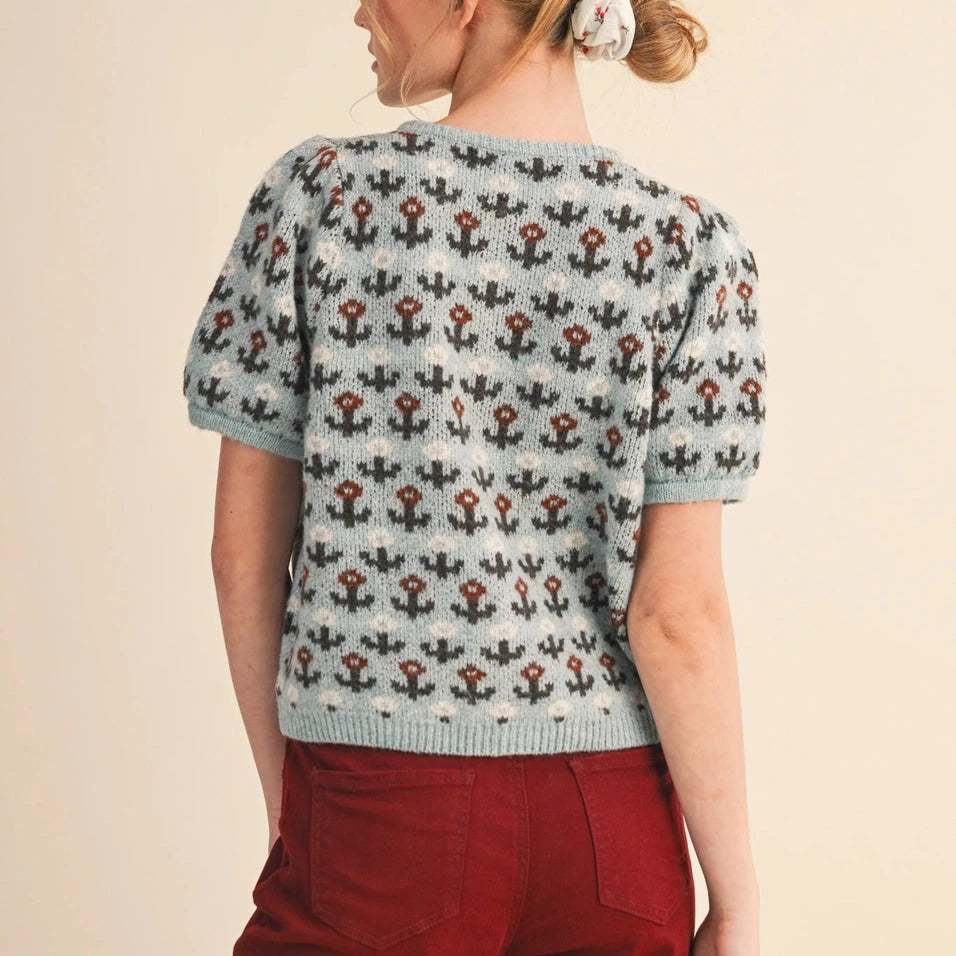 Floral Short Sleeve Sweater Cardigan