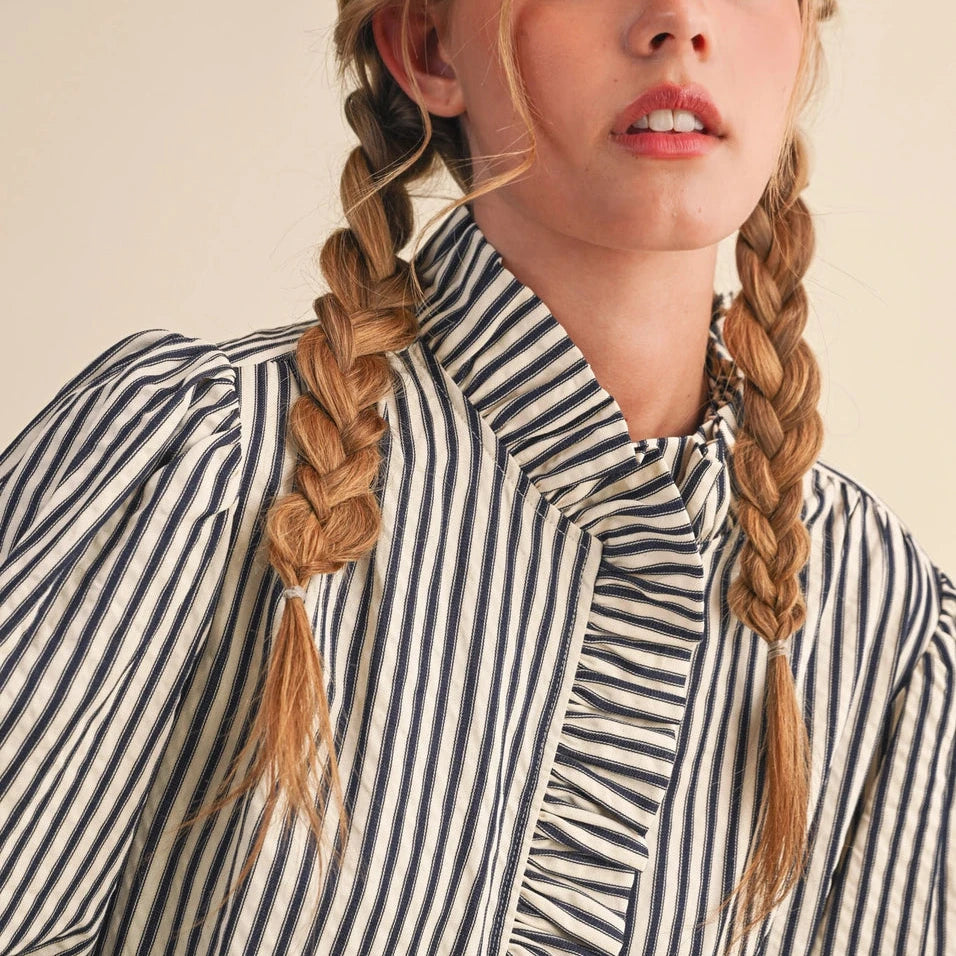 Denim Blue Striped Ruffled Button Down