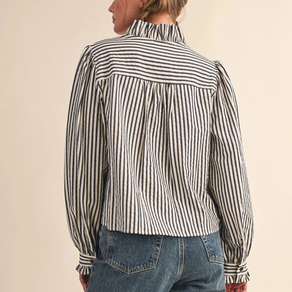 Denim Blue Striped Ruffled Button Down