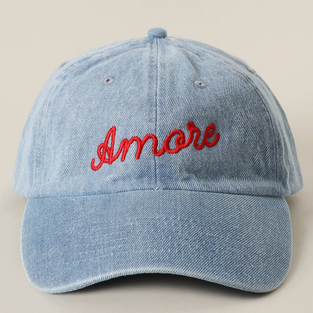 Amore Embroidered Denim Baseball Cap