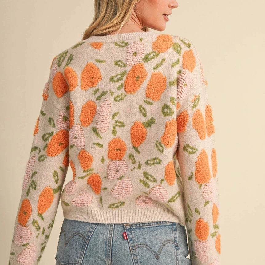 Fuzzy Texture Floral Knit Sweater