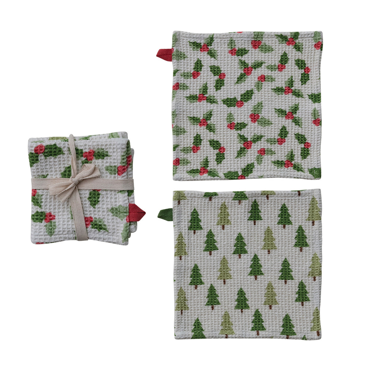 Set of two fabric towels with Christmas-themed patterns on a white background