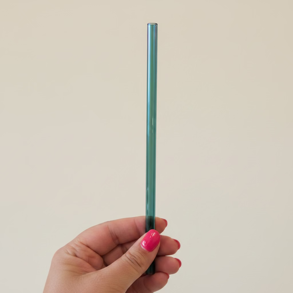 8 inch long blue straight glass straw.