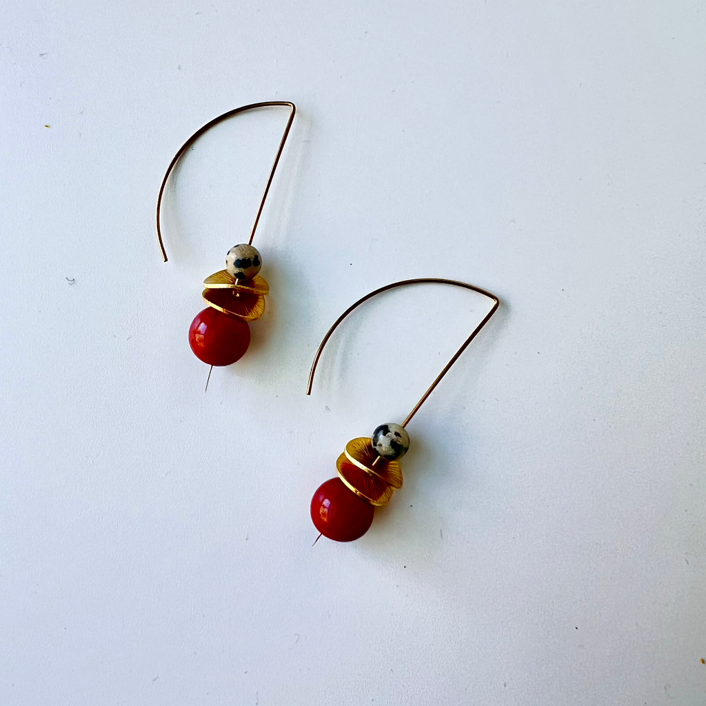 Brick Red bead w/ black and white accent bead drop earrings on crescent ear wire