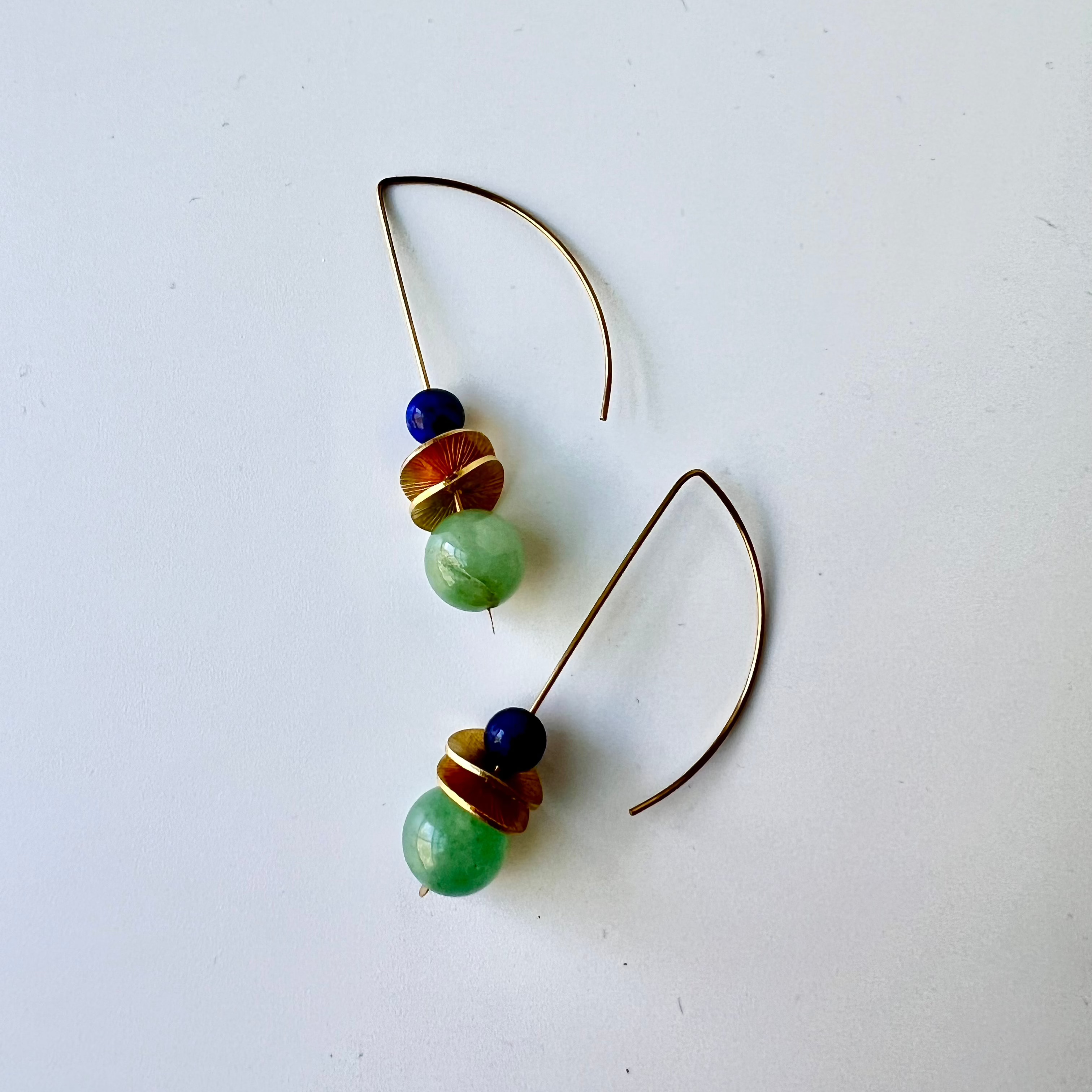 Green bead w/ blue accent bead drop earrings on crescent ear wire