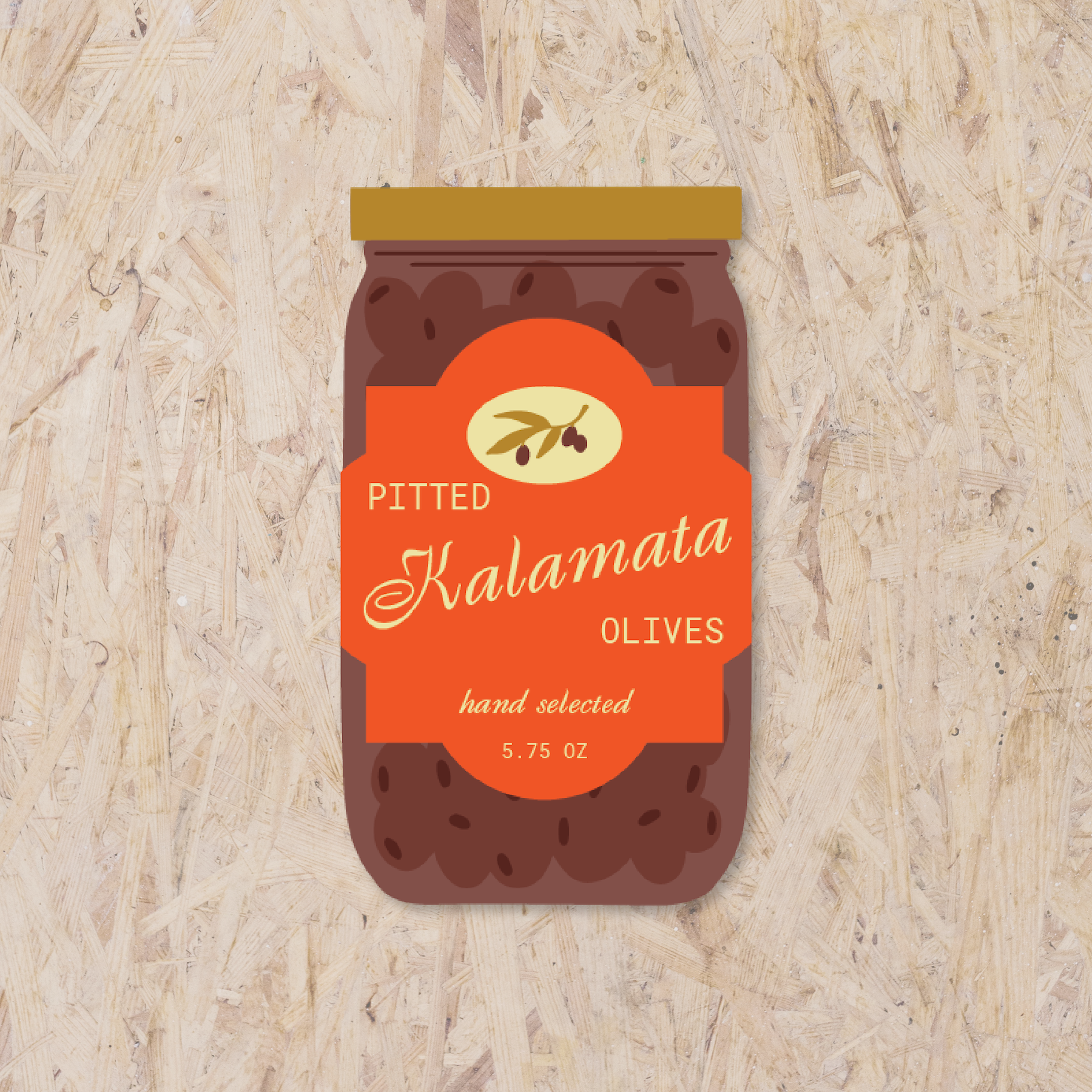 Kalmata olive jar shaped sticker reading "pitted kalamata olives, hand selected, 5.75 oz"