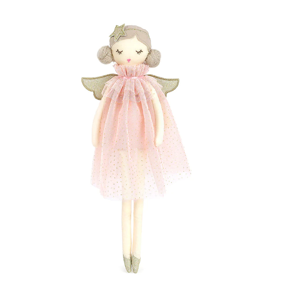 Ariel Fairy Doll in pink is a fairytale come true! With golden fairy wings, tulle dress and beautiful crafted face, she is a free spirit to follow your child wheverever their imagination leads!  a gift for all occasions!  100% Polyester  Measures 15 in