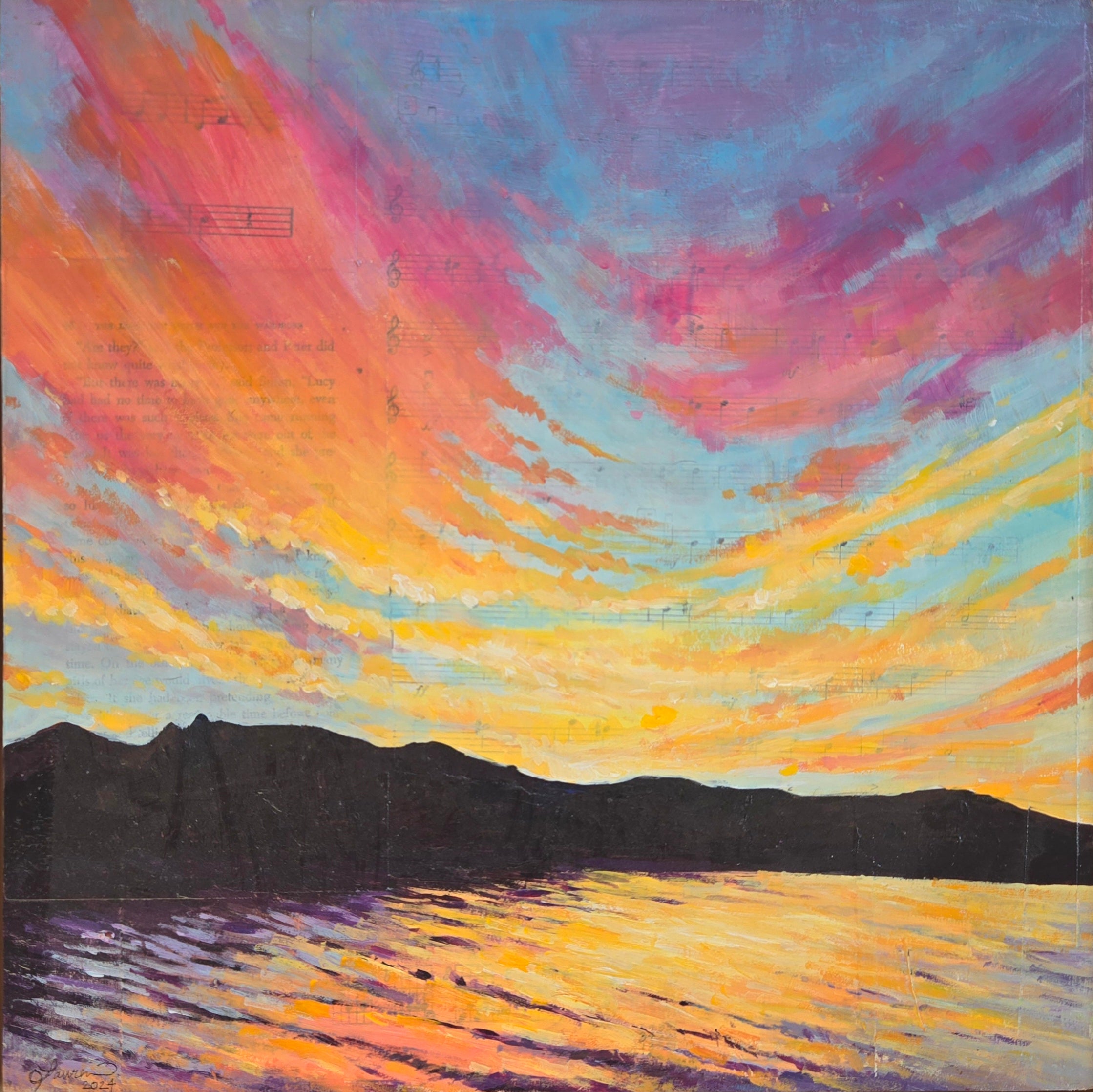 A blue sky with scattered clouds of red, orange, purple, and yellow clouds above a dark mountain range. A body of water with rippling waves in the foreground. 