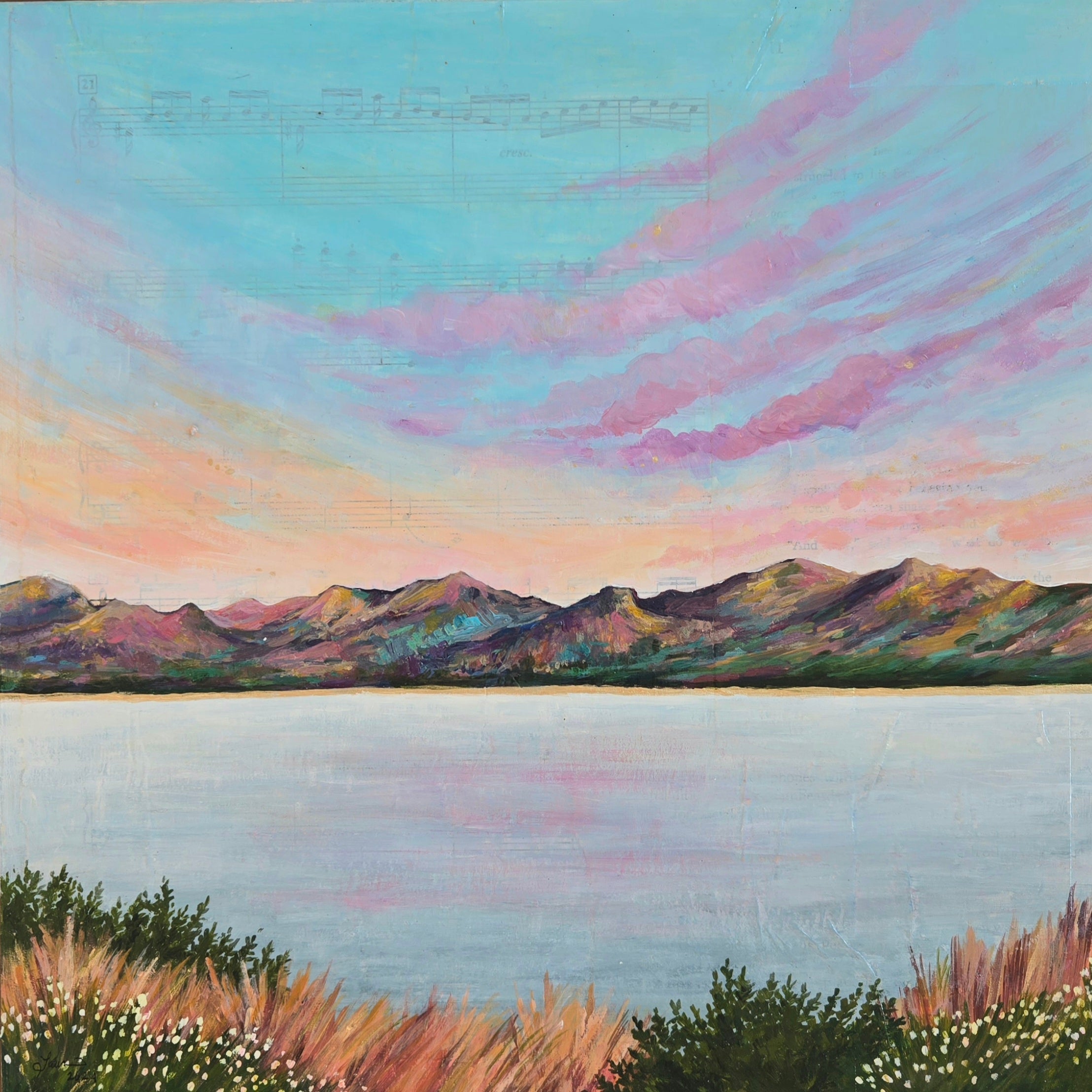 A blue, purple, and orange dusky sky lights up a rainbow mountain range behind a body of water. There is a faint overlay of sheet music over the left half of the painting. 