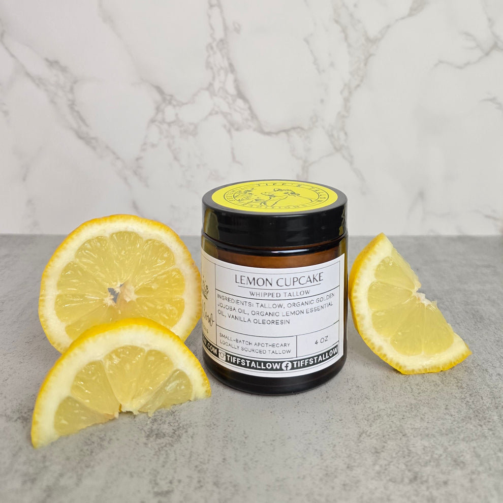 4 oz jar of lemon cupcake whipped tallow with lemon slices