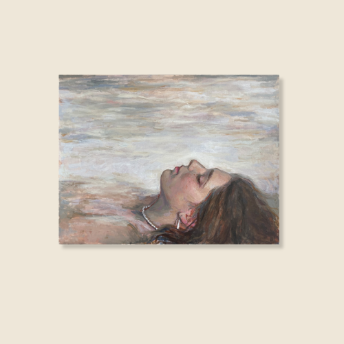 Oil on Canvas Panel, SIZE IS 11x14 inches, Women lays on her back in white stillness, eyes closed in contemplation, long brown hair, dangle earrings, white pearl necklace.  