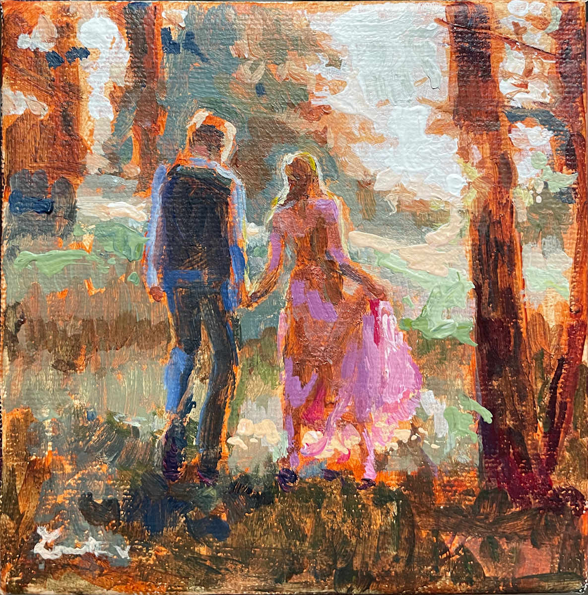 A man and woman are holding hands and walking through the woods. The man, on the left, is mid-step and to his left are auburn trees and some greenery. To the right is a woman in a long pink dress. She is holding the man's hand with her left hand, and carrying the skirt of her dress in her right. They are facing away from you as if walking in front of you. The sky is bright before them and they are surrounded by trees. 