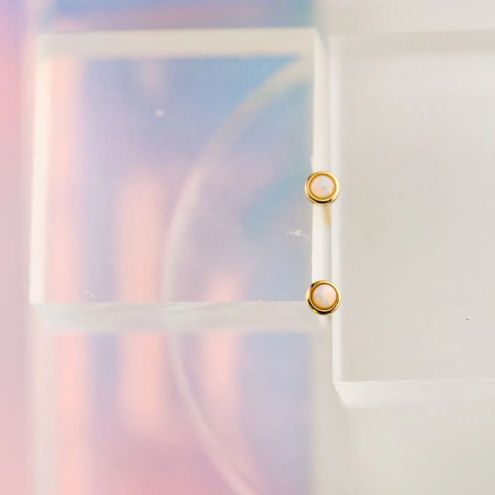 3 mm gold plated brass studs with slab grown white opals