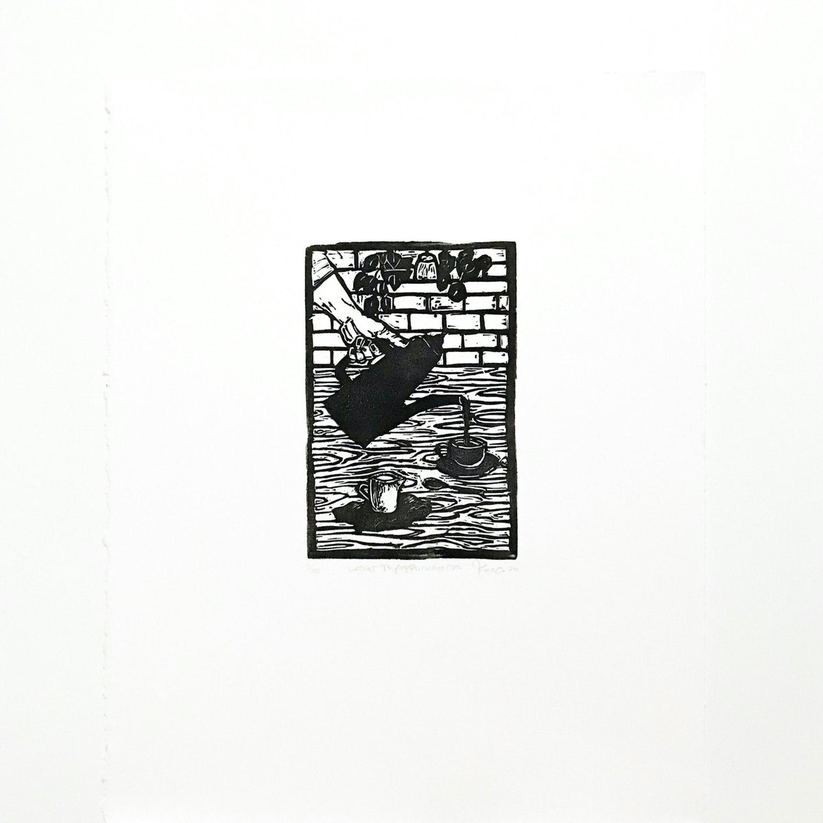 Black and white print of an overflowing cup. 