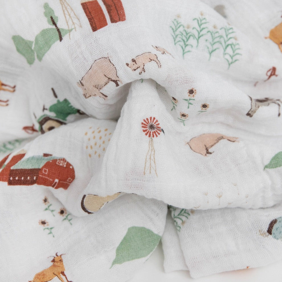 Featuring hand-painted prints, this versatile swaddle is an everyday essential. Crafted in lightweight and breathable cotton muslin, ideal for swaddling, nursing, cuddling and more. Cotton Muslin Swaddle Blanket - Farmyard       Materials  100% cotton muslin.  Loose weave that breathes and keeps your little one the perfect temperature.