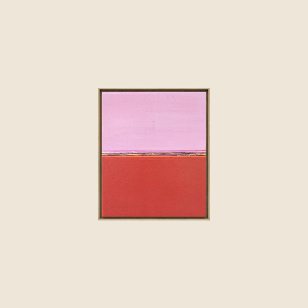 Original Painting - pink sky, bright red foreground, with mixed colors on the horizon line