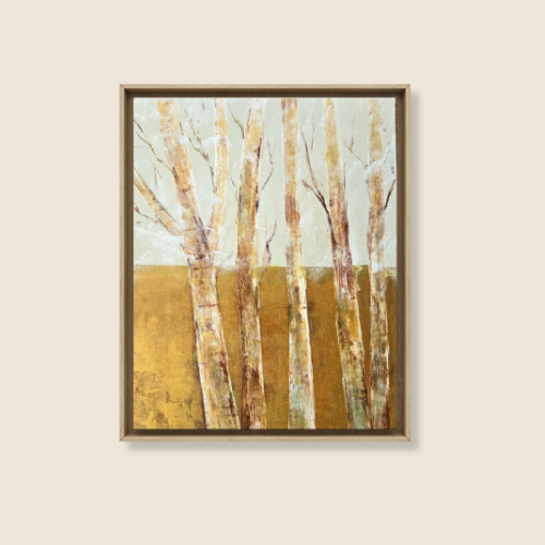 CONFIRM MEDIUM SIZE, Winter Aspens, agains a cool grey sky, , white tree trunks contrast against metallic gold ground, 