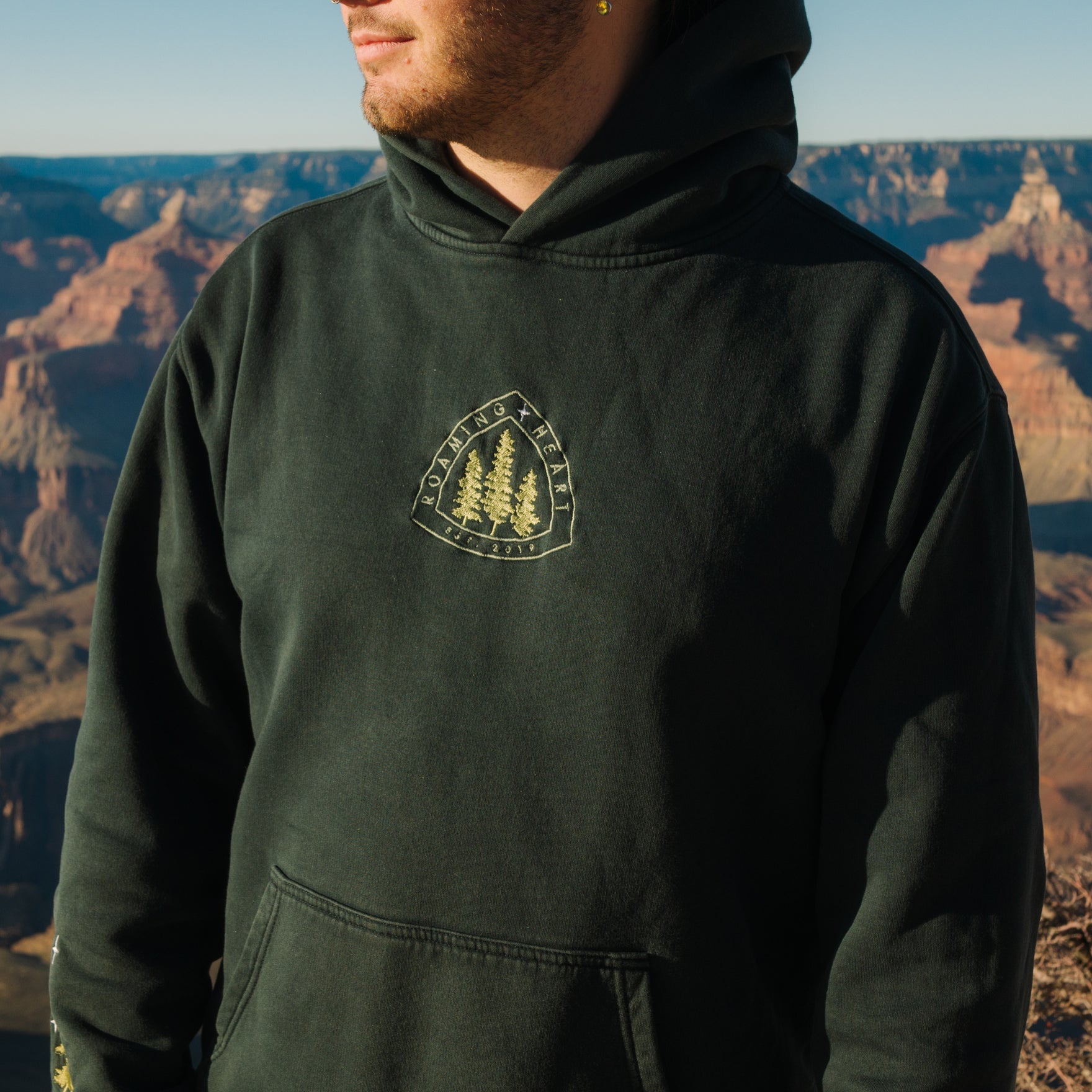 Image shows a man wearing sweatshirt with back to the Grand Canyon. 