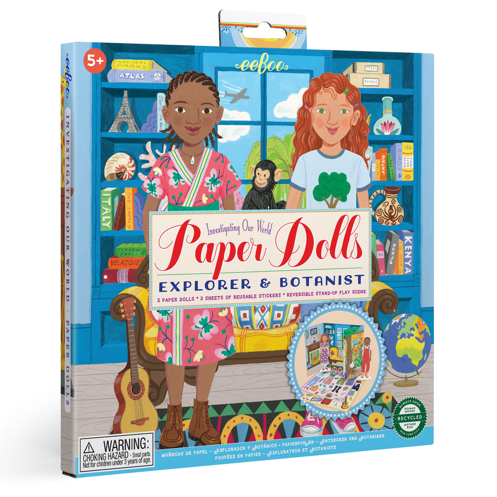 Explorer and Botanist Paper Dolls. A beautiful and educational imaginative play activity. Two brilliant and curious young investigators come with a generously sized fold-out play scene, a wardrobe of reusable electrostatic vinyl clothes and accessories.