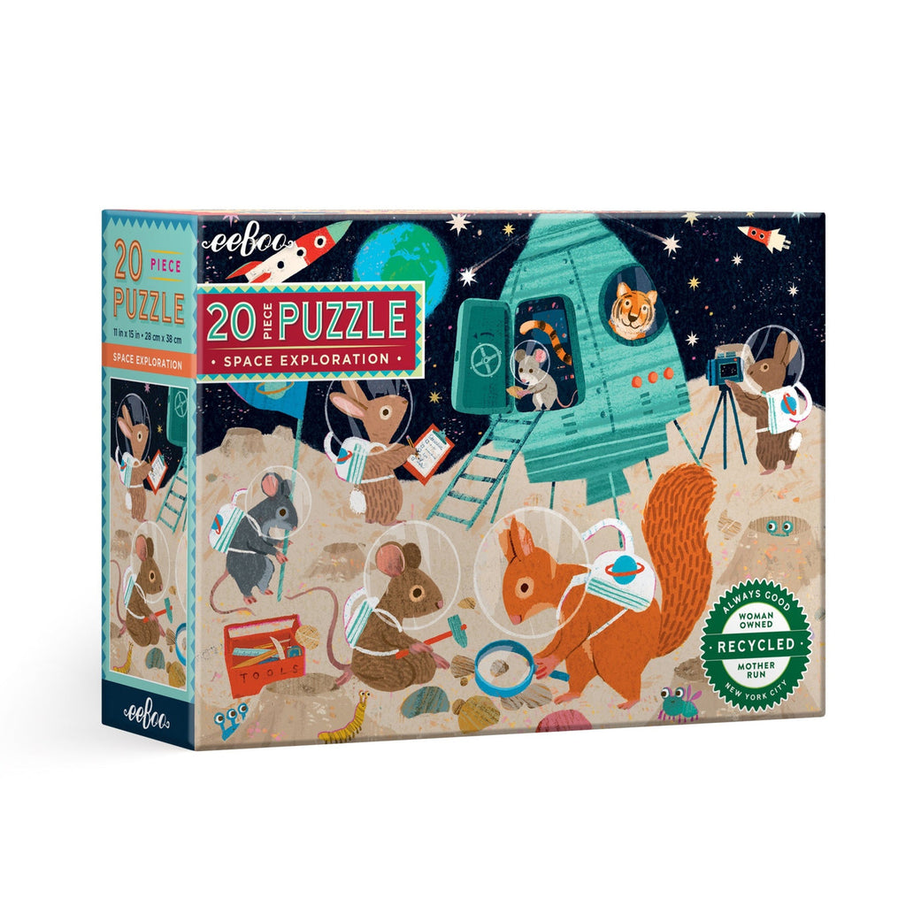 A sweet puzzle with thick, jumbo-sized pieces featuring animals exploring the moon. A challenging puzzle task that children are always proud of completing