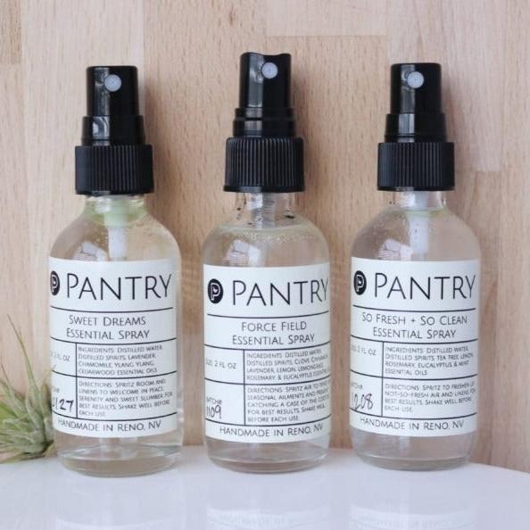 4 fl oz bottles of pantry product essential spray bottles. Sweet dreams, force field, so fresh + so clean