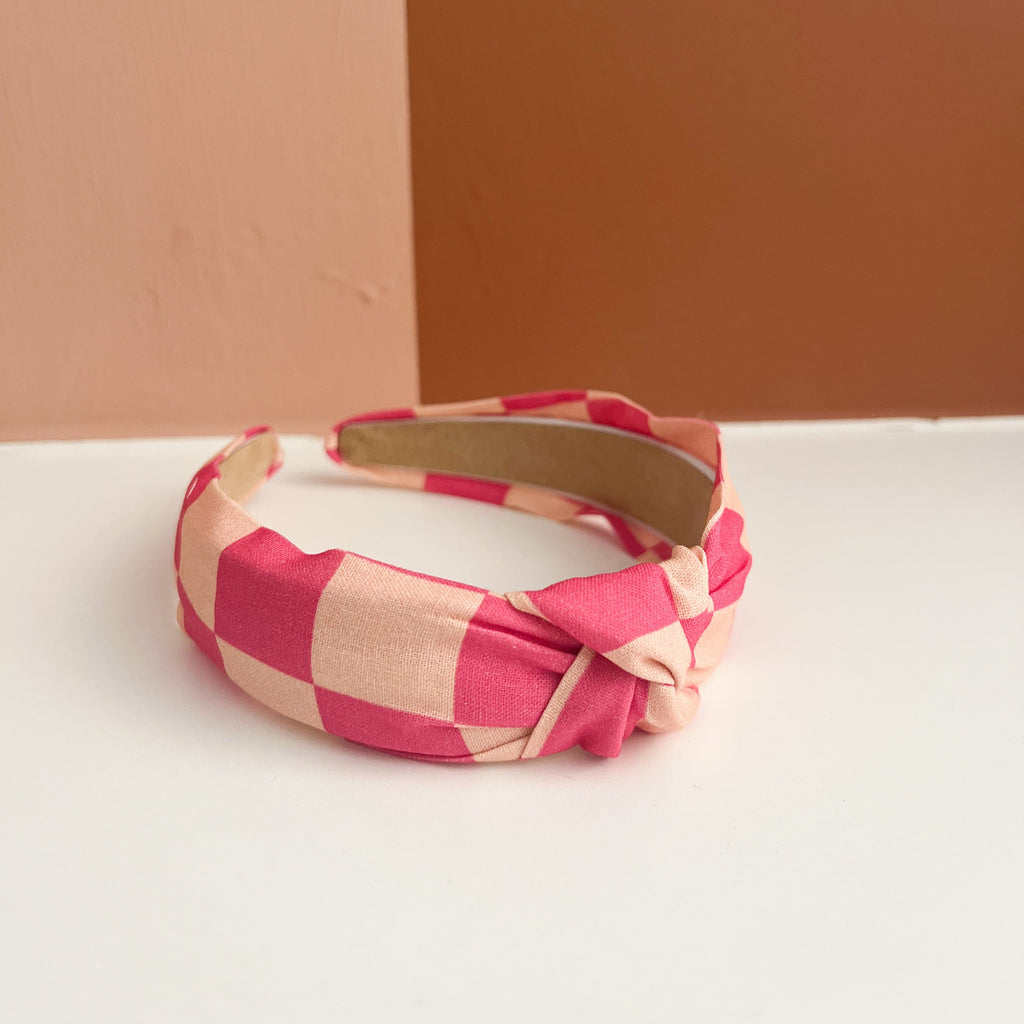 Pink Checkered Top Knot Headband 