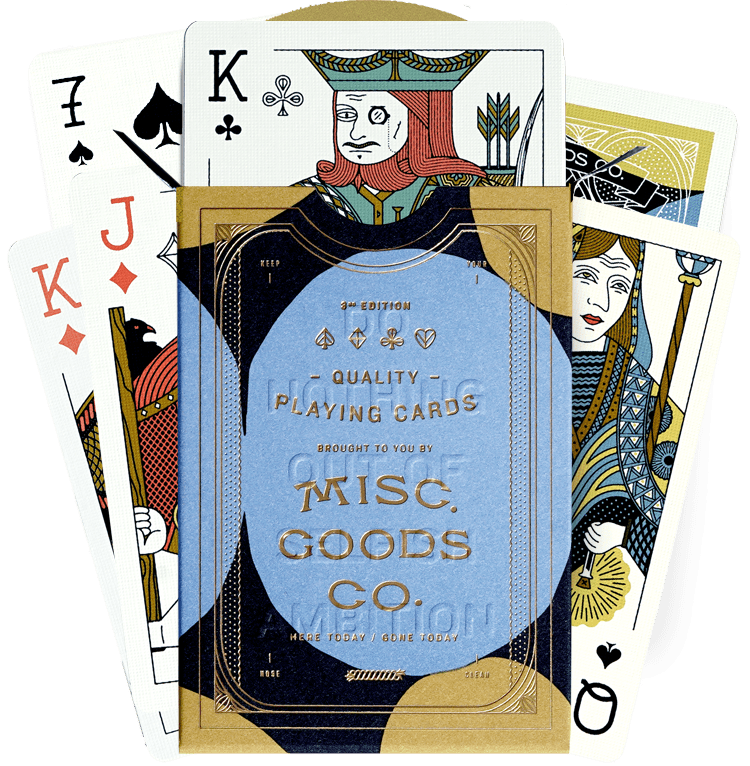 To commemorate the ten-year anniversary of Misc. Goods Co., owner Tyler Deeb collaborated with Dan Christofferson and Brent Schoepf to reimagine his very first deck of playing cards originally launched on Kickstarter in 2012. The Special Edition Playing Cards are fully colored with 6 unique colors and feature new design embellishments not seen on the original Misc. Goods decks.
