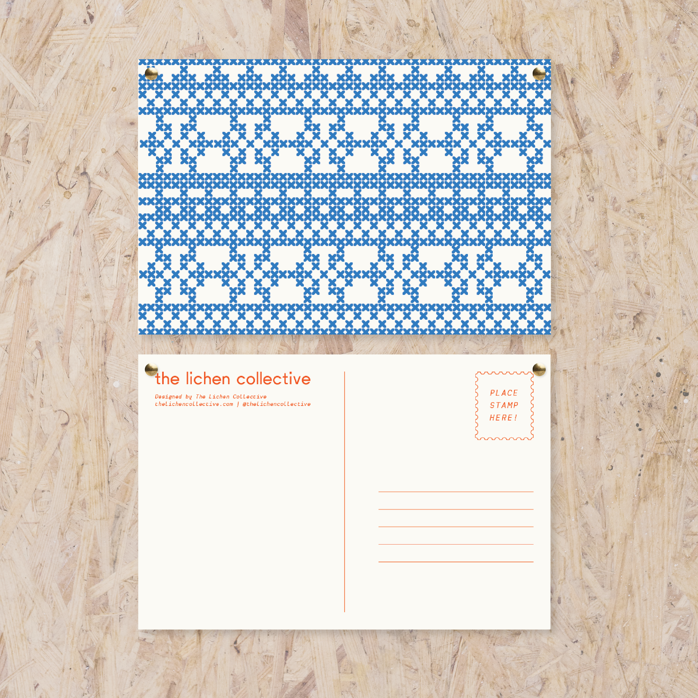 blue and white stitched pattern postcard