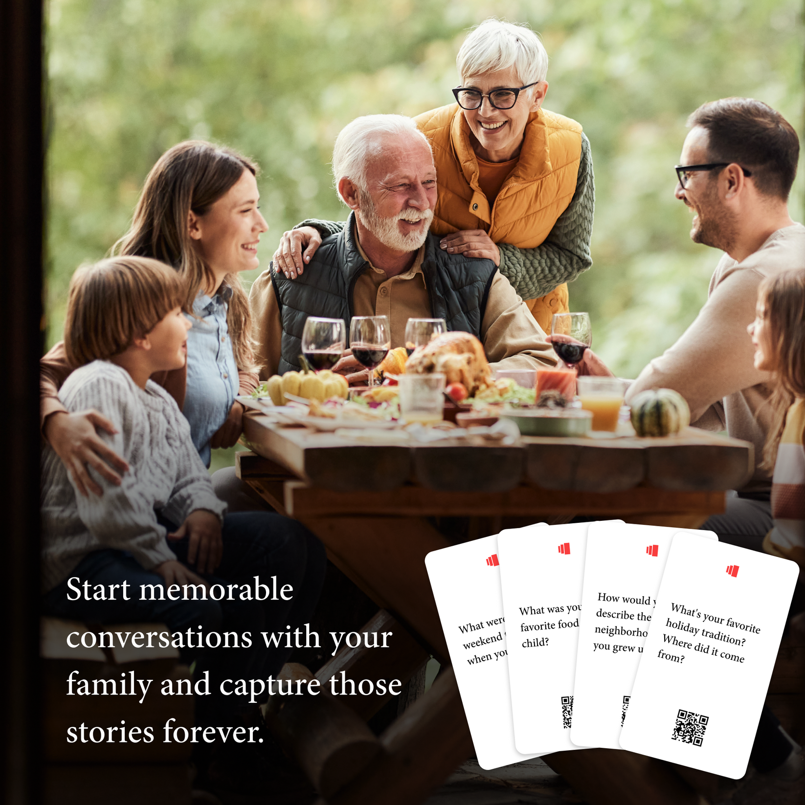 Unlock family stories you've never heard before with Storied Starter Cards—78 thoughtfully designed conversation prompts that make it easy to preserve precious memories before they're lost forever.
