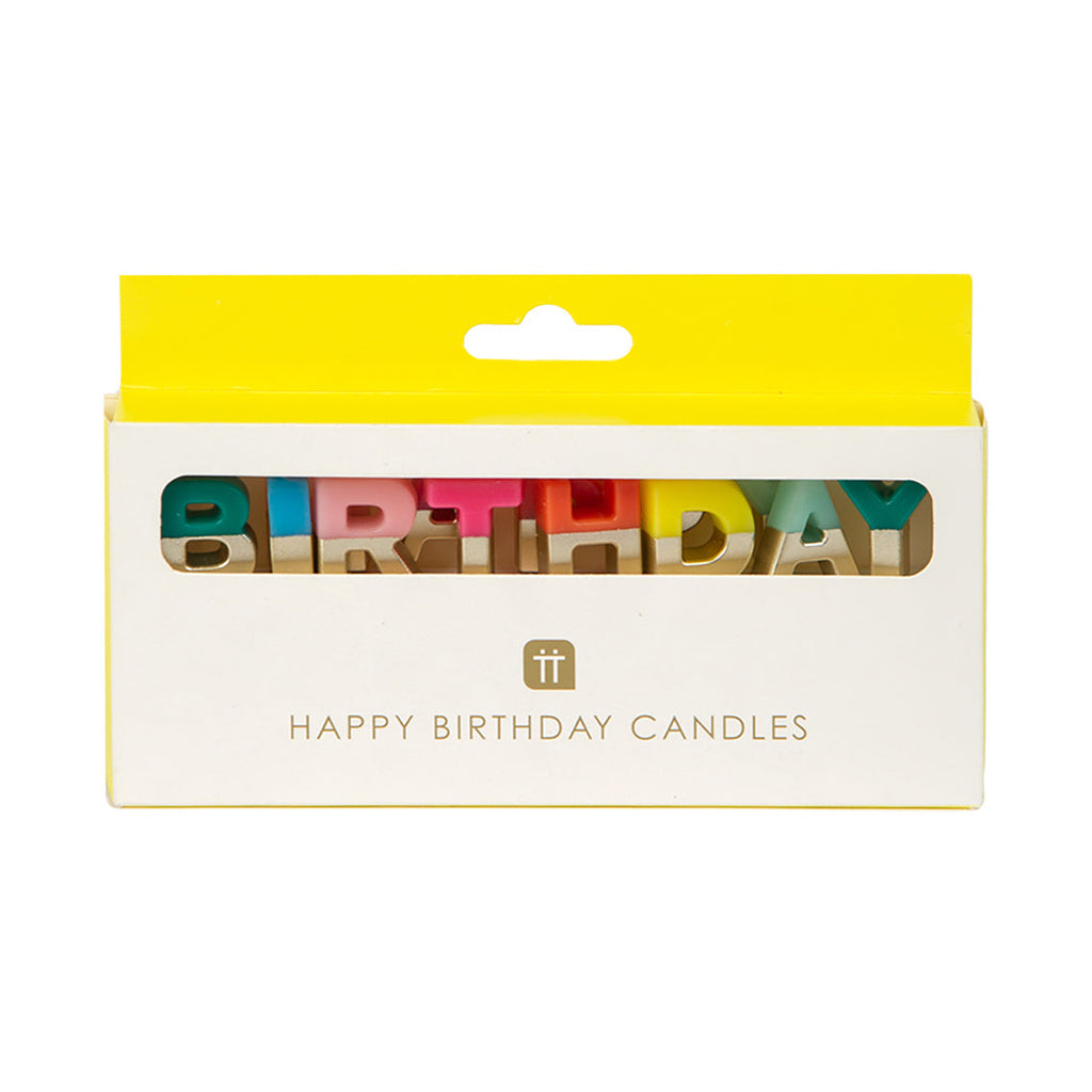 These adorable birthday candles spell out 'Happy Birthday' with rainbow letters dipped in gold. Perfect for any birthday cake, no matter the age.