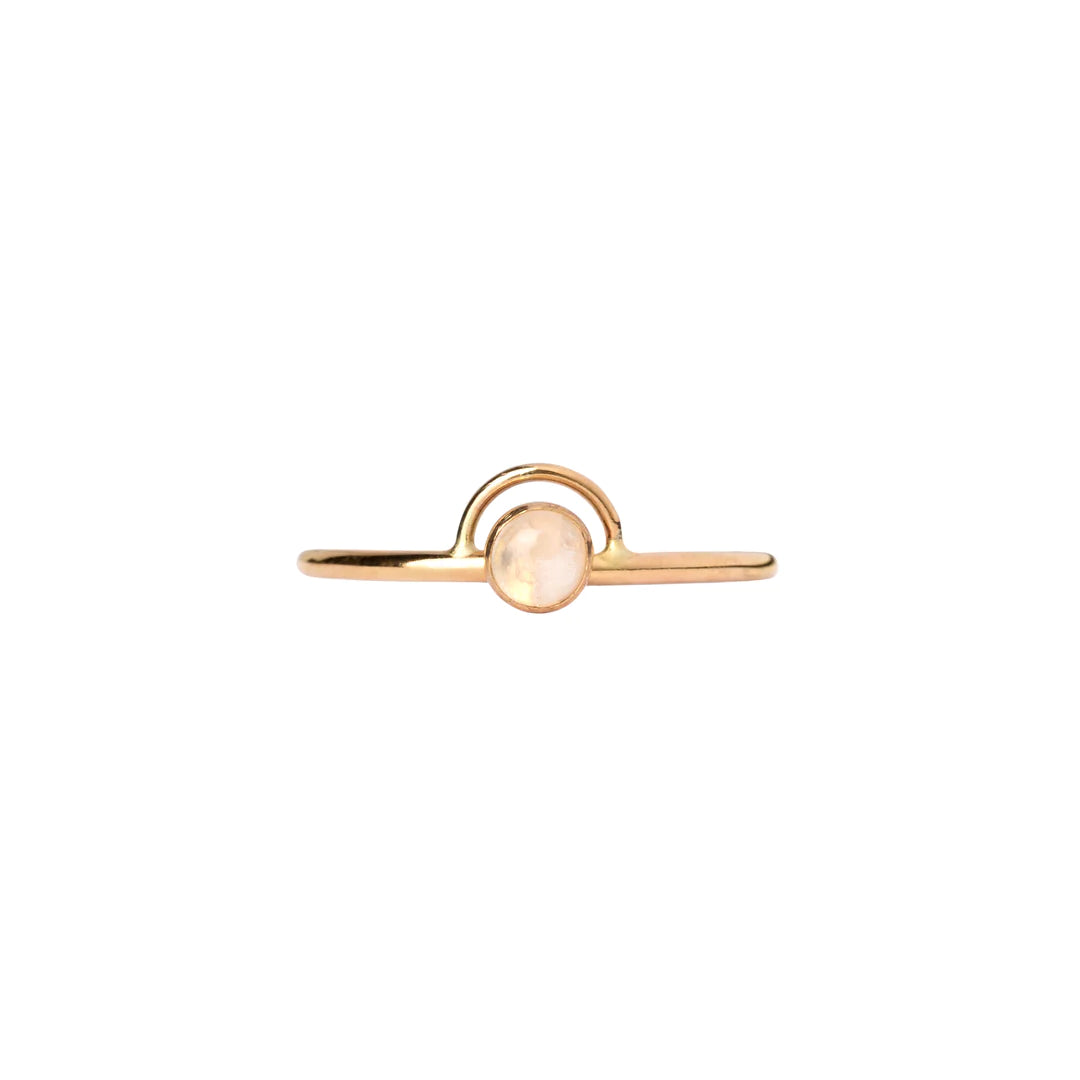 A translucent rainbow moonstone sits in the center of the arc in this ring. An arc is the path above or below the horizon of celestial body, like the sun or moon. Moonstone bestow light, clarity, hope and new beginnings and is the stone connected to the feminine.

Hand-formed, with a bezel and wire in 14k goldfill.


Available in sizes 4-11
16 Gauge wire thickness
4mm rainbow moonstone stone
Polished finish

Made by Mineral and Matter