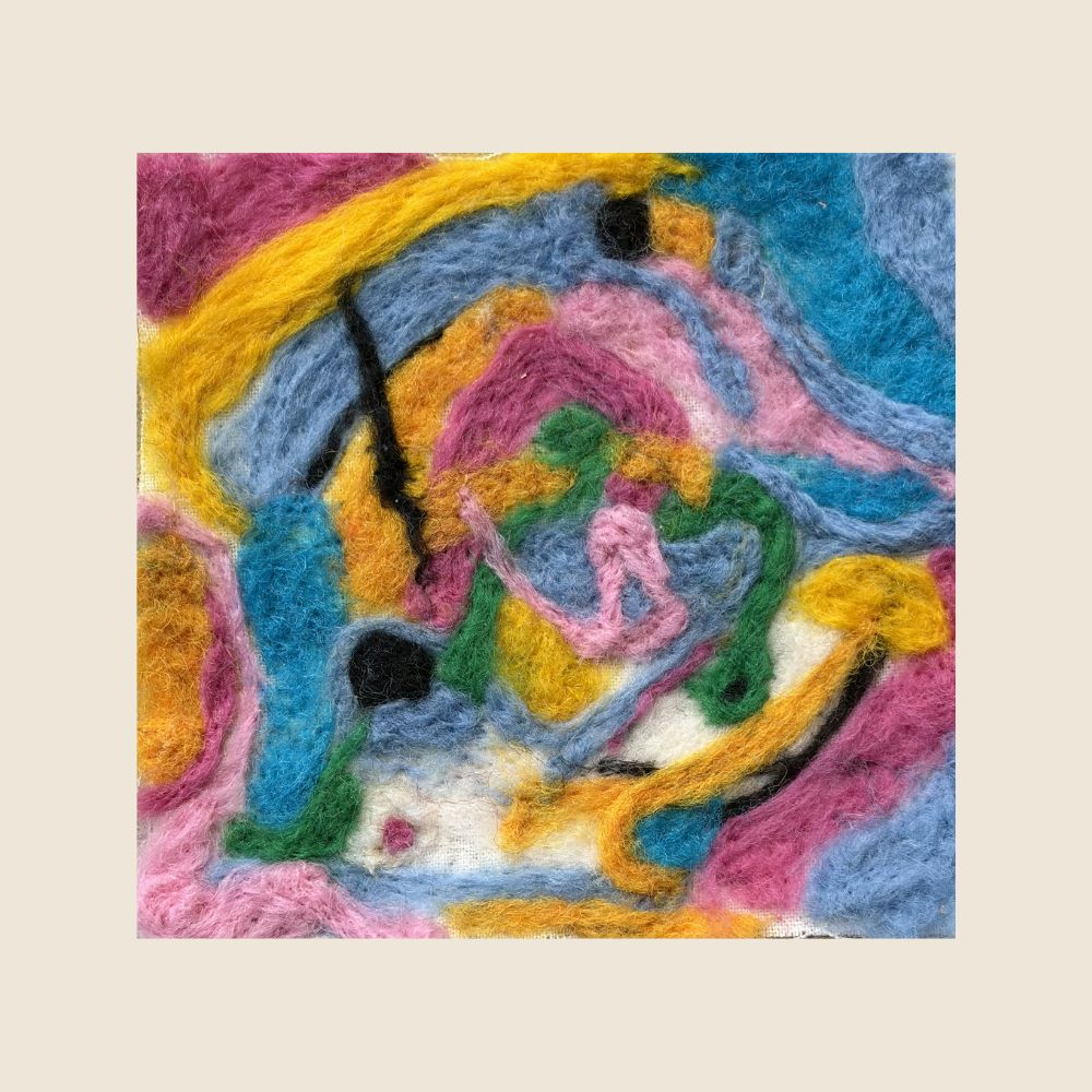 Original Art Work - Felting - Felt pieces swirl together like liquid paint - colors mix with blue, yellow, pinks and green, with lines of black.