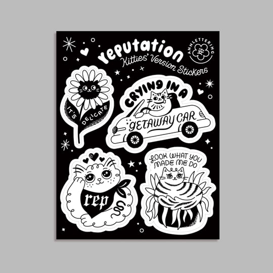 sticker sheet titled "Reputation Kittie' Version Stickers" Getaway Car edition with four stickers of different cats