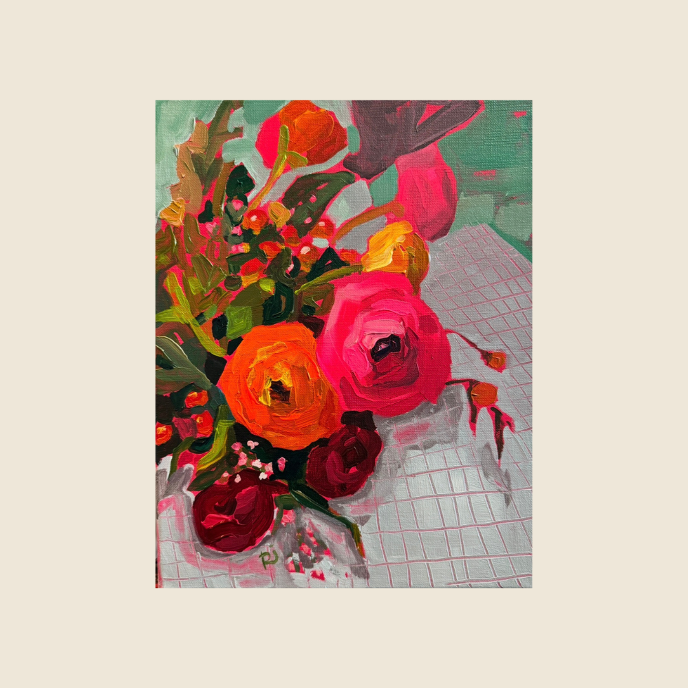 Bouquet on Checkered Linen - Original Painting - Flourish Art Show