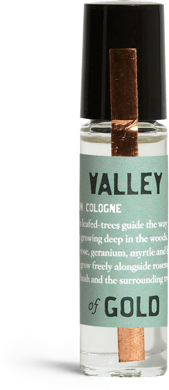 Valley of Gold is the smell of wild gardens in blossom amidst woods; a place where rose, lavender, geranium, myrtle and broom flower grow freely alongside rosemary, honey bush and surrounding trees. This arrangement creates a balanced, floral, earthy smell, which combines 11 ingredients.
