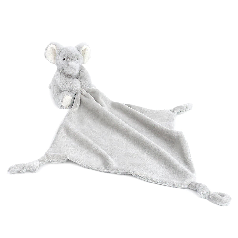 Super soft and cuddly, our baby security blanket has a little plush friend attached to the corner for a snuggle buddy! Knotted fabric on three corners, babies love the tactile detail to help self-sooth.  100% polyester baby security blanket Features stuffed plush animal attached to the corner Measures 13.5 in  Perfect size for babies little hands Machine wash cold, tumble dry low