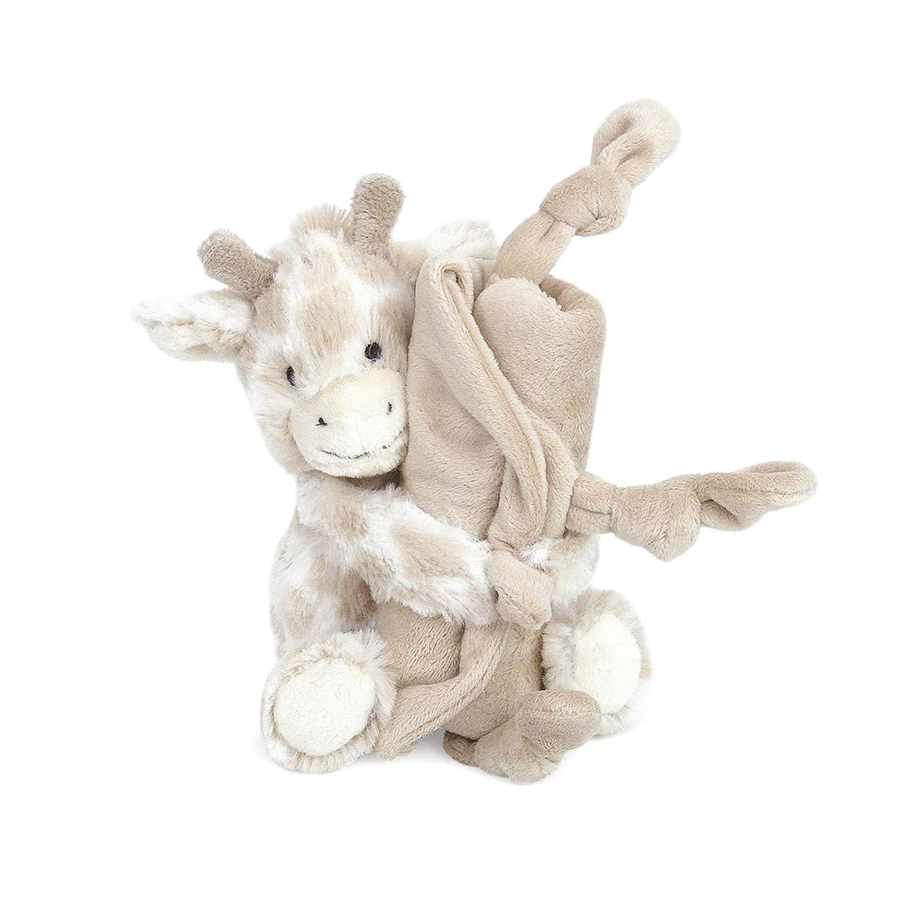 Super soft and cuddly, our baby security blanket has a little plush friend attached to the corner for a snuggle buddy! Knotted fabric on three corners, babies love the tactile detail to help self-sooth.  100% polyester baby security blanket Features stuffed plush animal attached to the corner Measures 13.5 in   Perfect size for babies little hands Machine wash cold, tumble dry low