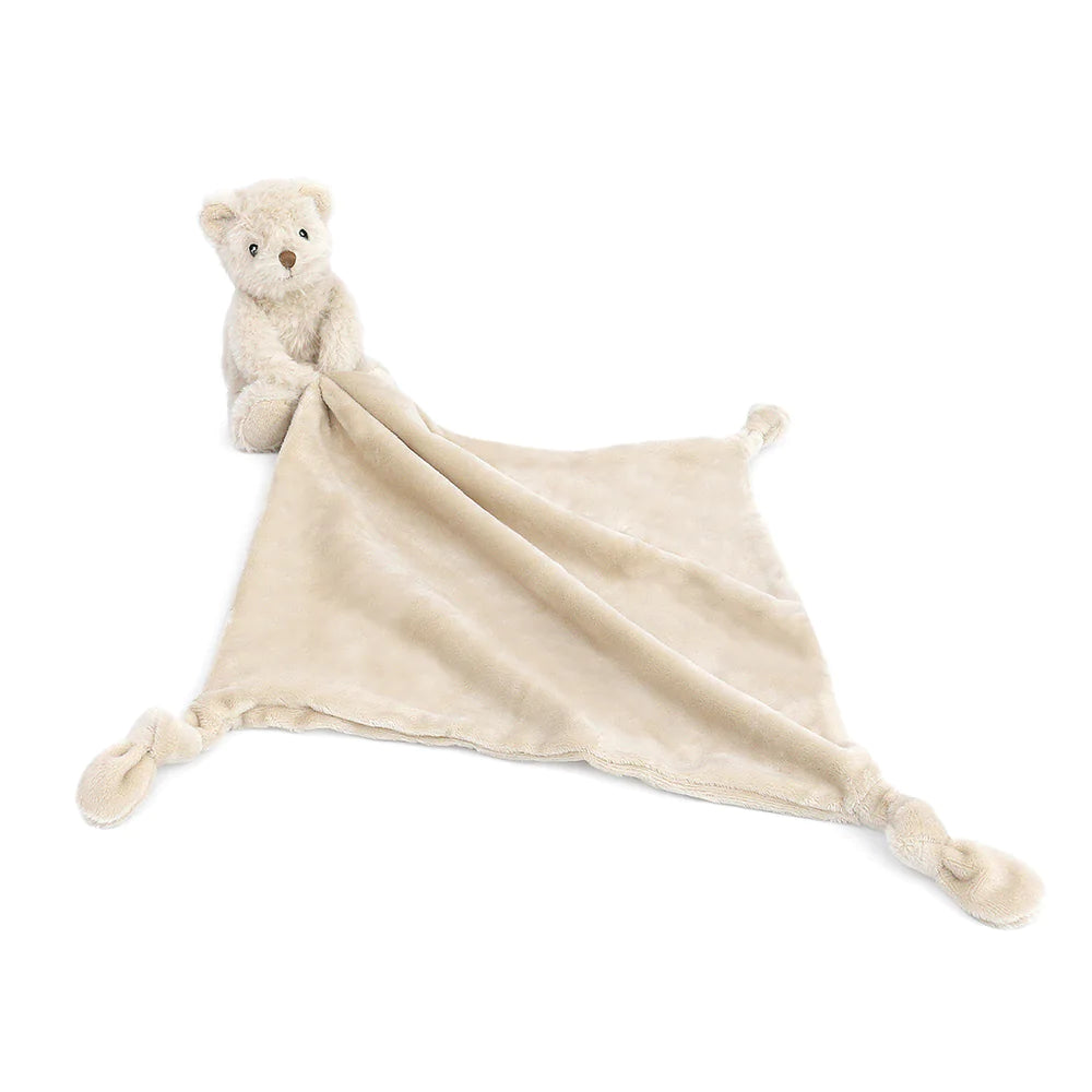 Super soft and cuddly, our baby security blanket has a little plush friend attached to the corner for a snuggle buddy! Knotted fabric on three corners, babies love the tactile detail to help self-sooth.  100% polyester baby security blanket Features stuffed plush animal attached to the corner Measures 13.5 in    Perfect size for babies little hands Machine wash cold, tumble dry low