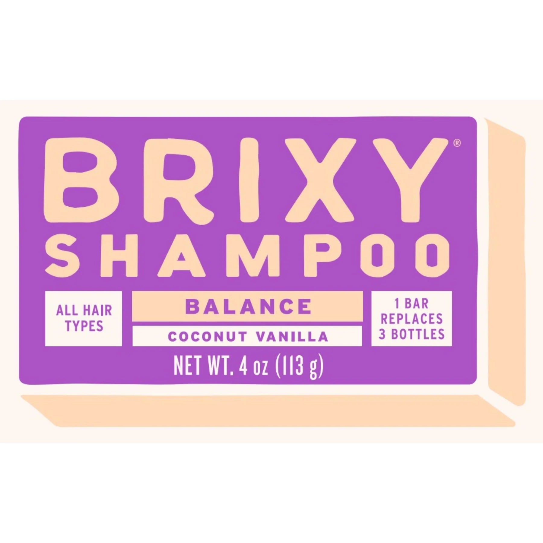 A rectangular box of BRIXY Balance Shampoo in bold purple and orange packaging is labeled for all hair types. The product is coconut vanilla scented and promotes sustainability by replacing three bottles with one solid bar.