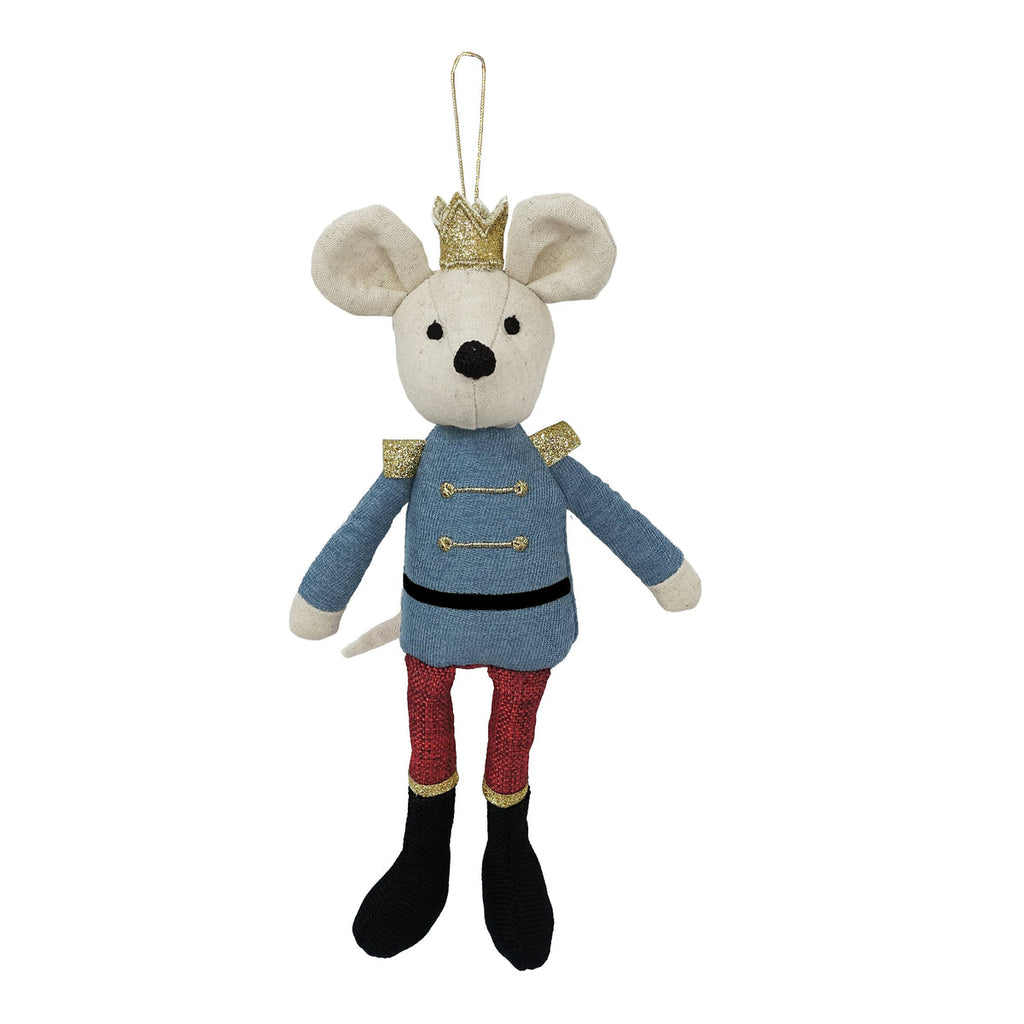 Hang on trees, wreaths and even chandeliers, our King Mouse Plush Doll Ornament brings a new kind of whimsy to your seasonal decor.  Made of polyester and metallic thread. Measures 10 in Each ornament is stitched with intricate embroidery, stitching and multiple fabrics and textures to bring these plush dolls to life. Hangs from a metallic loop. Spot clean only For decorative use only, not a toy.